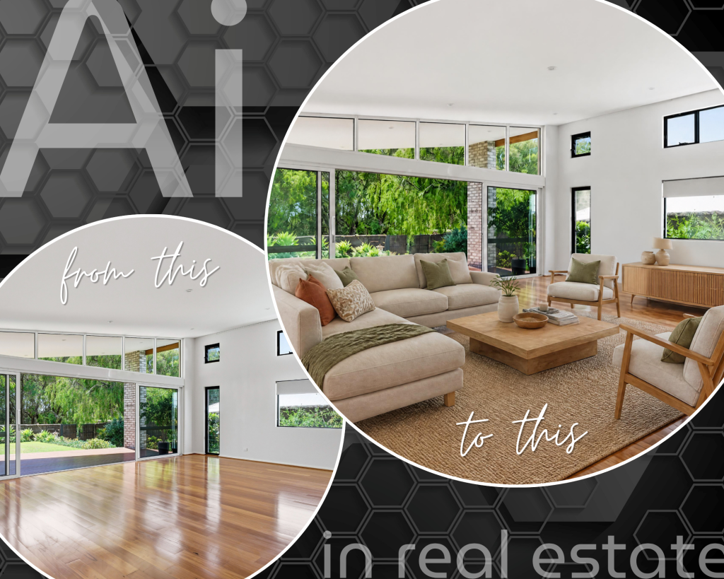 A photo of a living room without furniture juxtaposed against the same image with ai furniture insitu.